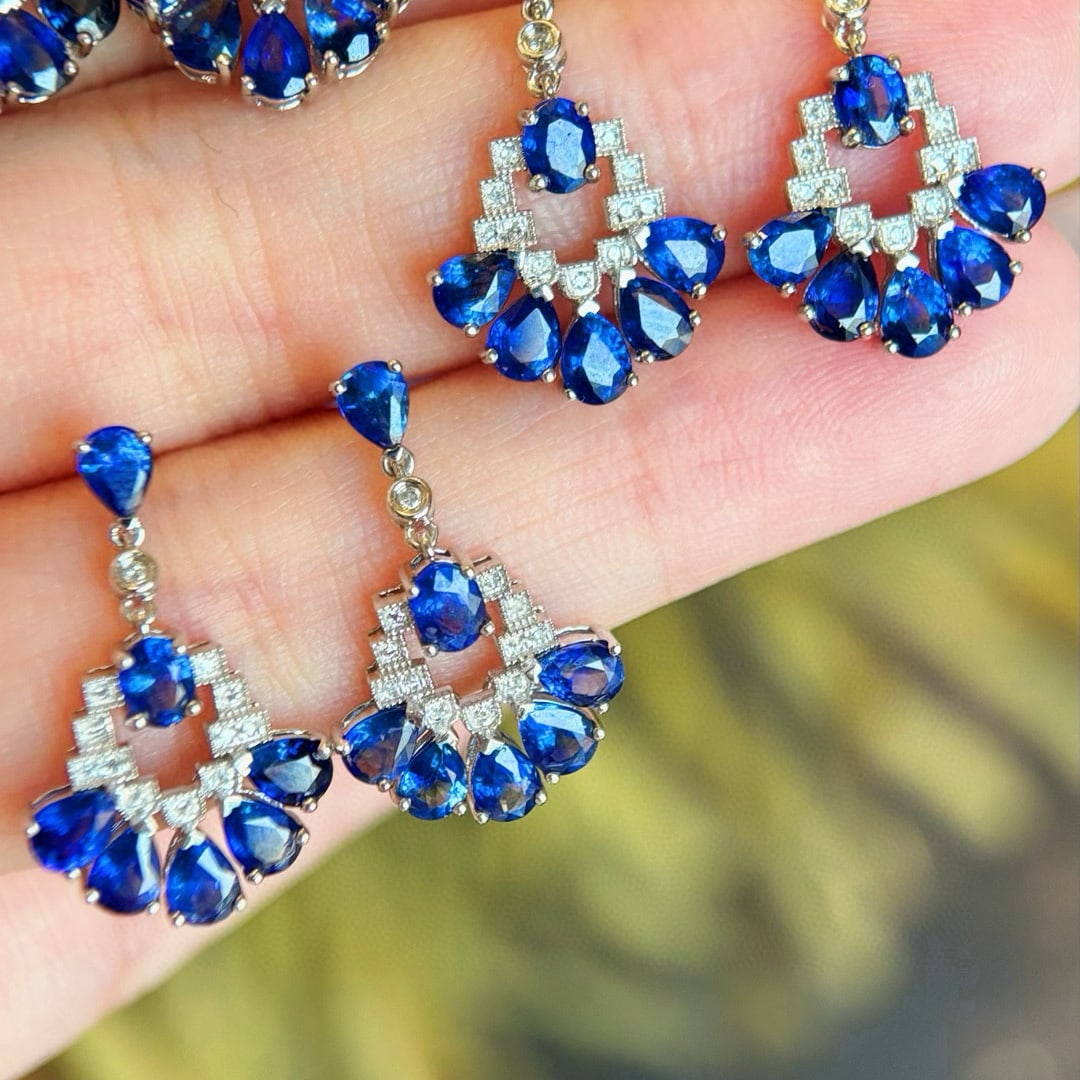 14k Gold 3 Ct Natural Sapphire & Diamond Earrings - 2