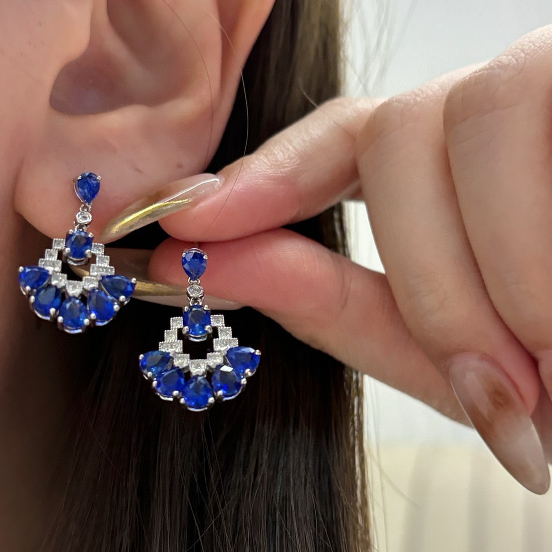 14k Gold 3 Ct Natural Sapphire & Diamond Earrings - 4