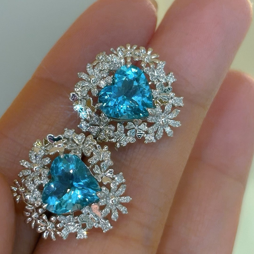 14k Gold 3.31 Ct Natural Aquamarine & Diamond Earrings - 2