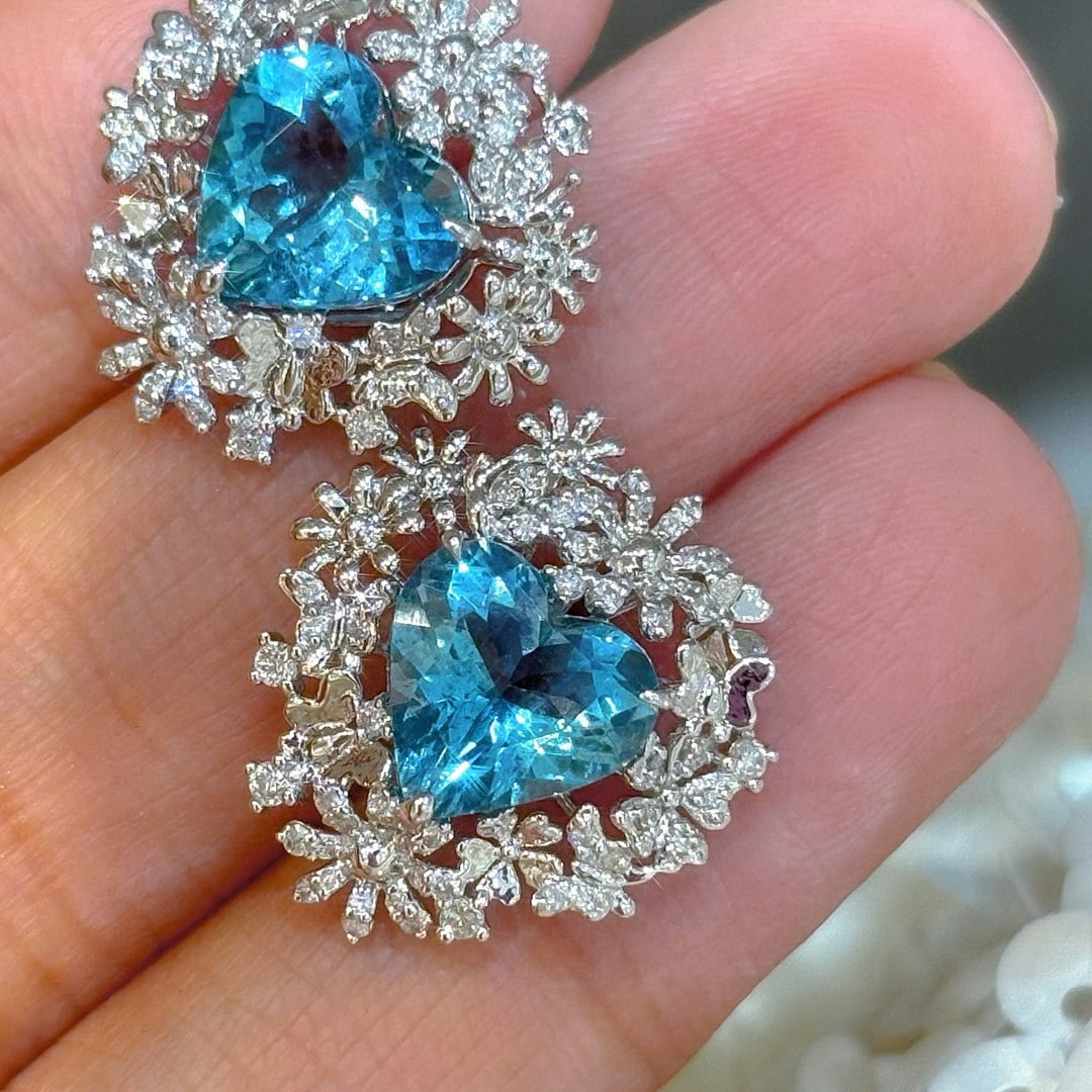 14k Gold 3.31 Ct Natural Aquamarine & Diamond Earrings - 3