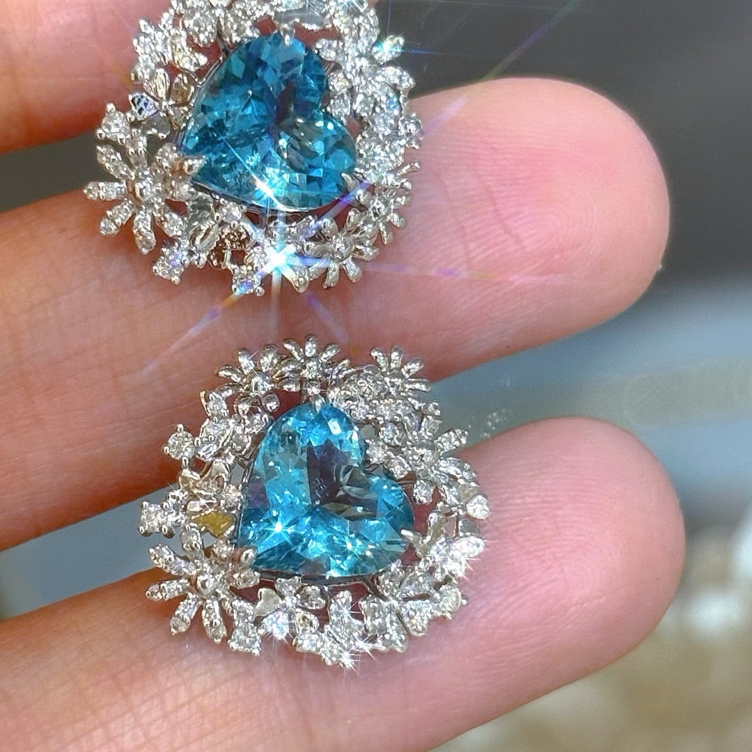 14k Gold 3.31 Ct Natural Aquamarine & Diamond Earrings - 4