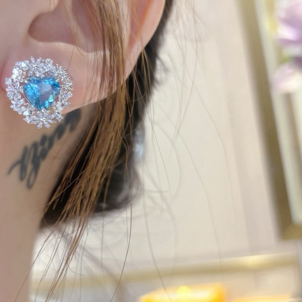 14k Gold 3.31 Ct Natural Aquamarine & Diamond Earrings - 7