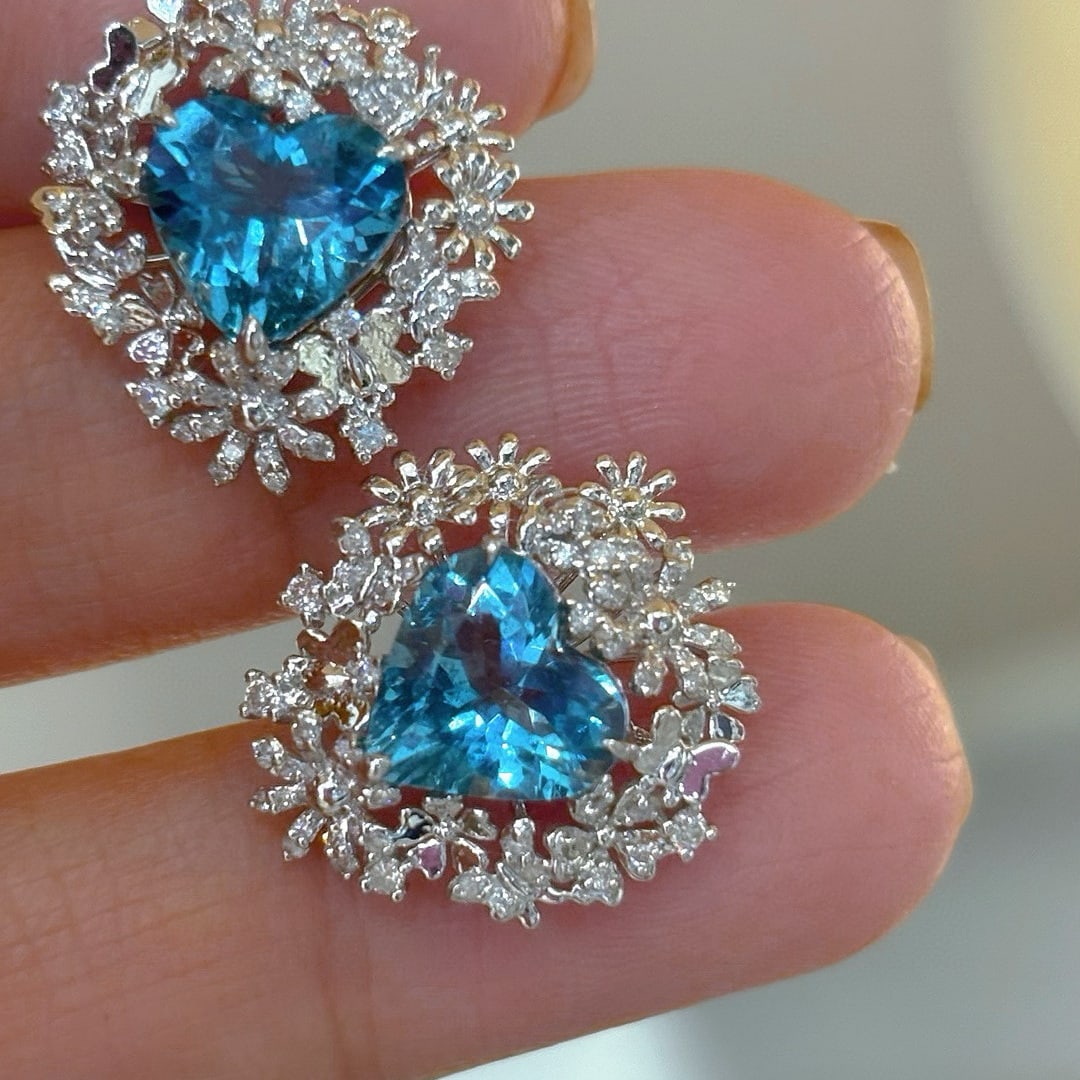 14k Gold 3.31 Ct Natural Aquamarine & Diamond Earrings - 9