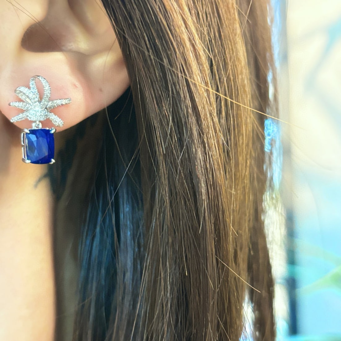 14k Gold 3.56 Ct Natural Sapphire & Diamond Earrings - 2