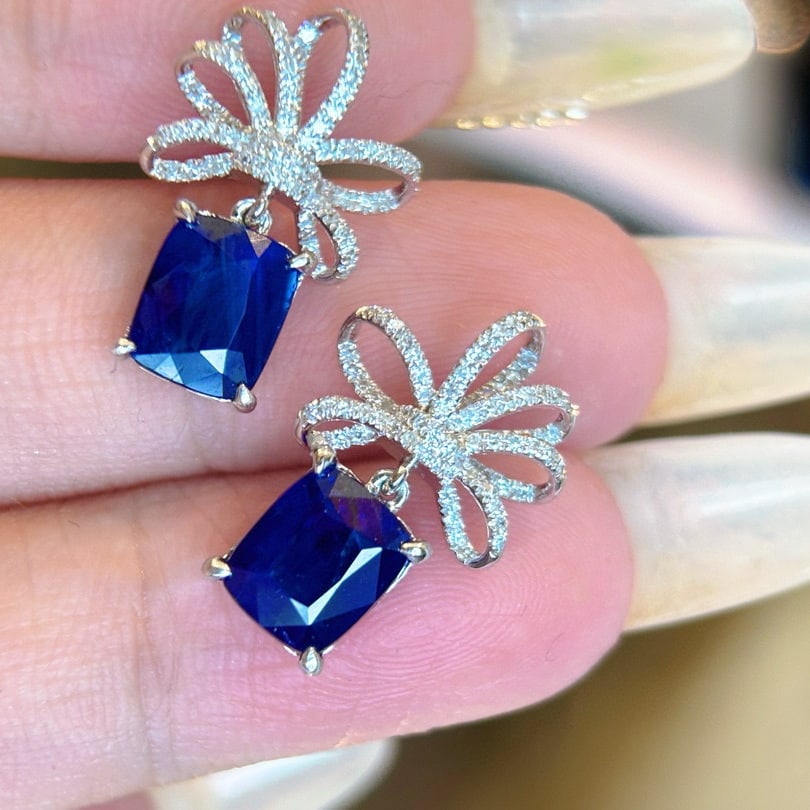 14k Gold 3.56 Ct Natural Sapphire & Diamond Earrings - 3