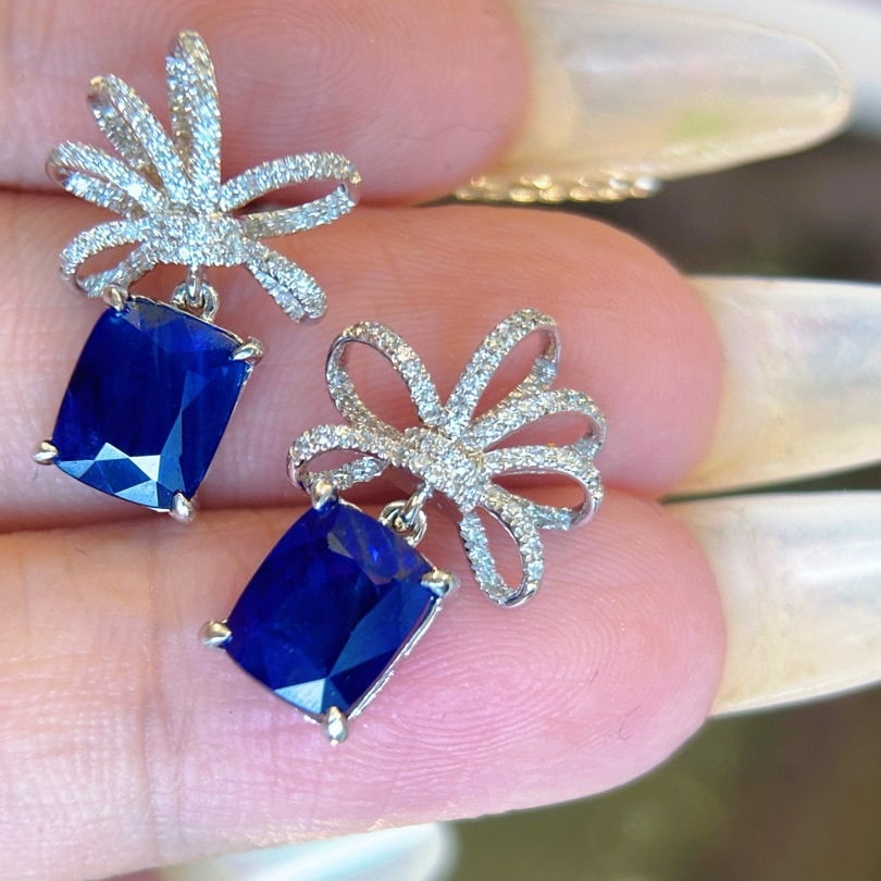 14k Gold 3.56 Ct Natural Sapphire & Diamond Earrings - 4