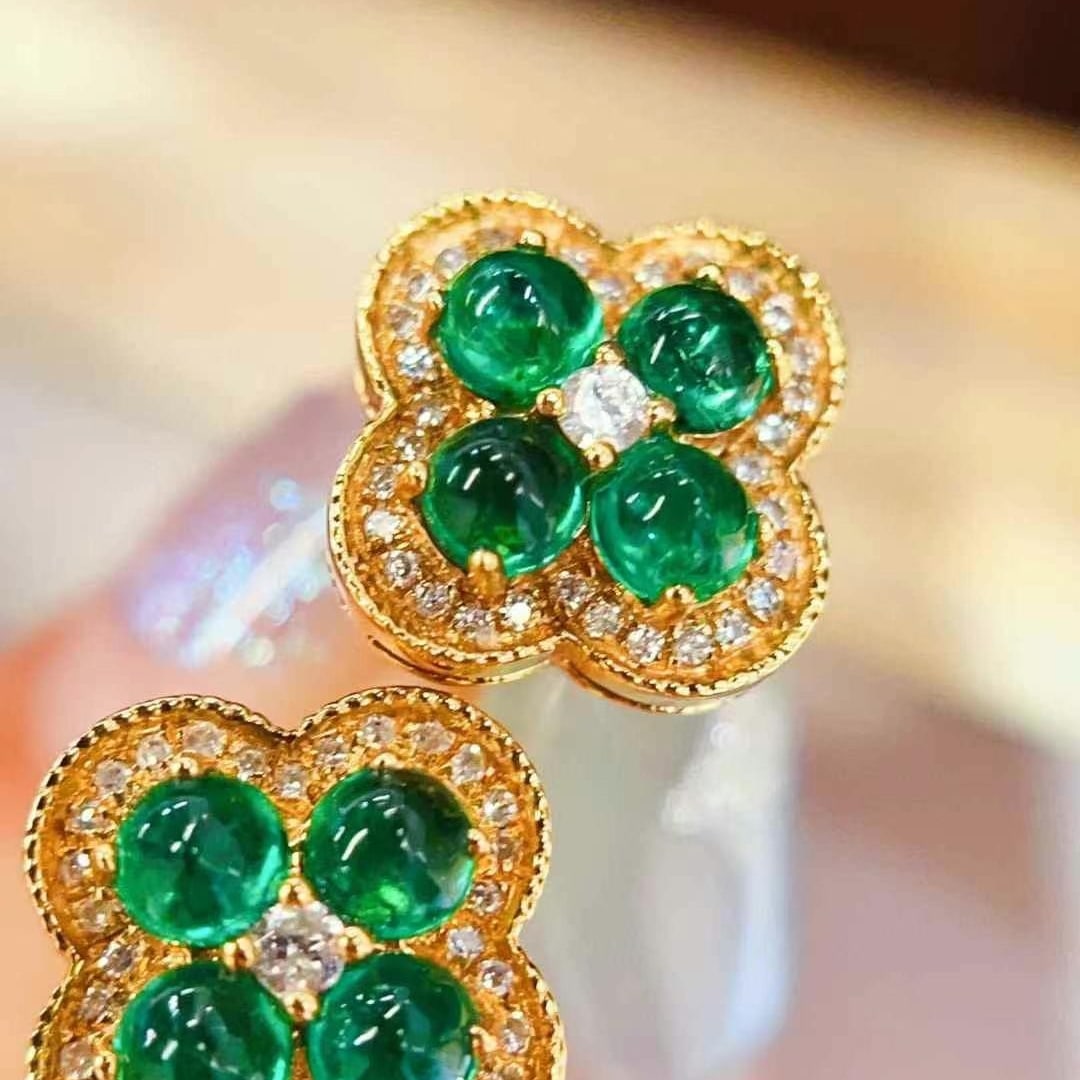 14k Gold 1.3 Ct Natural Emerald & Diamond Earrings - 2
