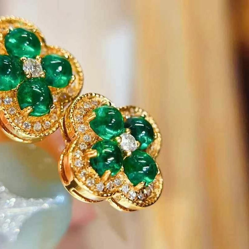 14k Gold 1.3 Ct Natural Emerald & Diamond Earrings - 6