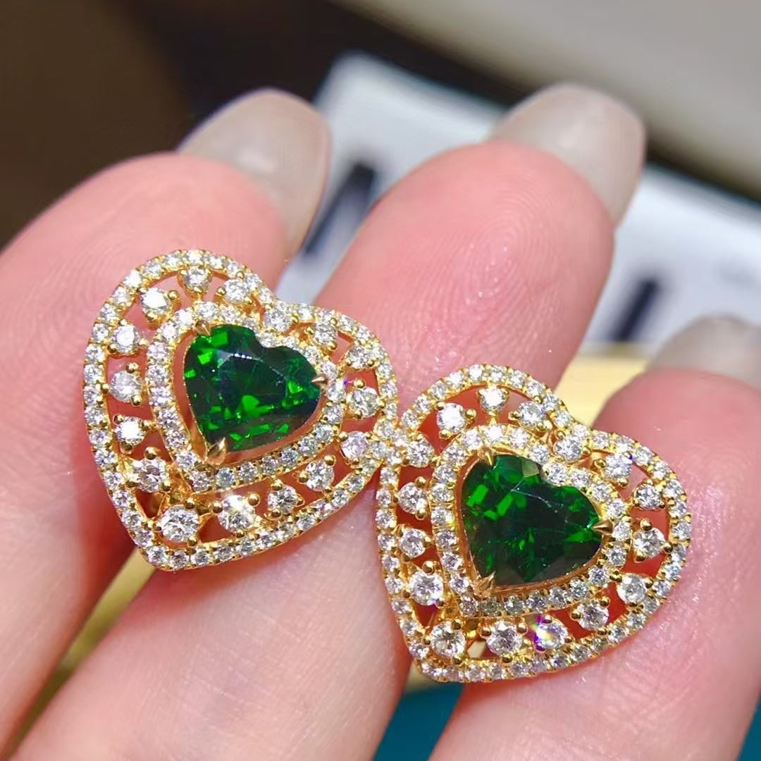 14k Gold 3.49 Ctw Vivid Green Natural Tsavorite & Diamond Earrings - 2