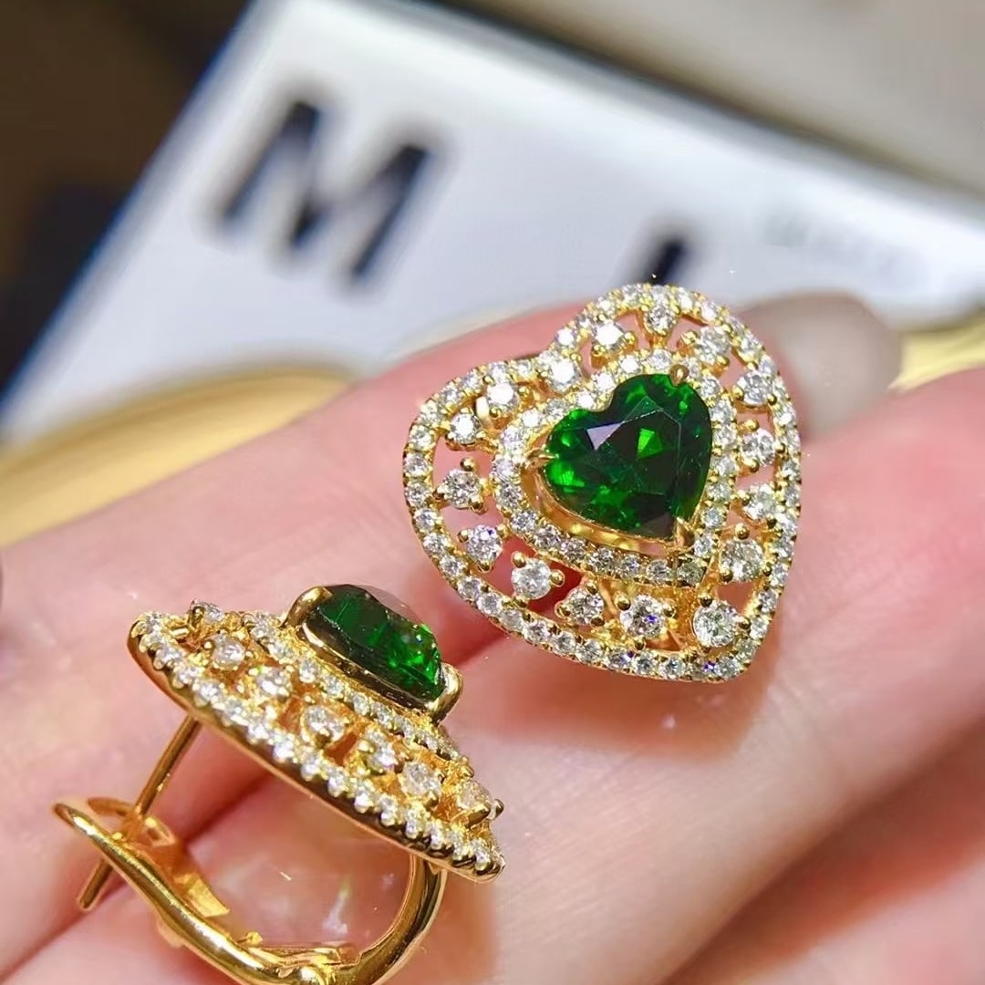 14k Gold 3.49 Ctw Vivid Green Natural Tsavorite & Diamond Earrings - 3