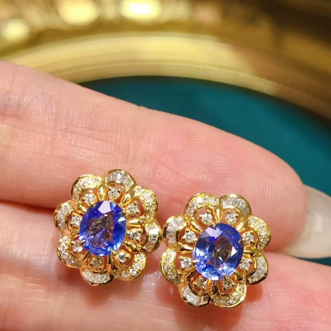 14k Gold 2.05 Ctw Natural Sapphire & Diamond Earrings - 2