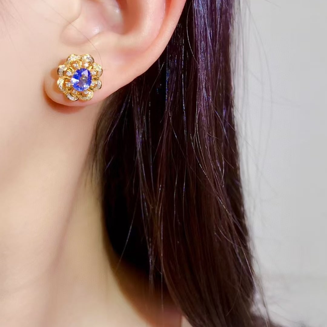 14k Gold 2.05 Ctw Natural Sapphire & Diamond Earrings - 4