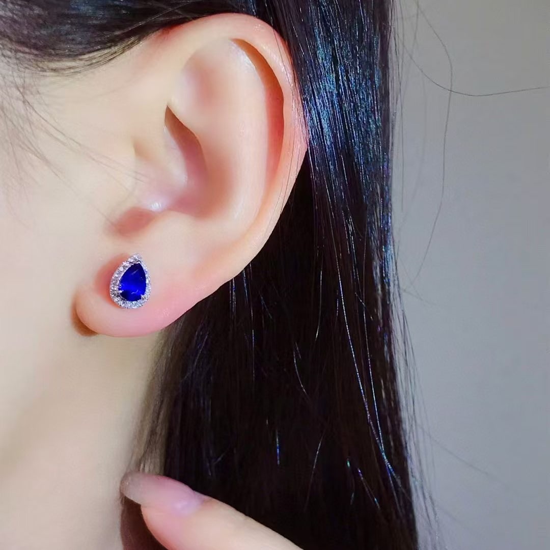 14k Gold 1.79 Ctw Vivid Blue Natural Sapphire & Diamond Earrings - 2