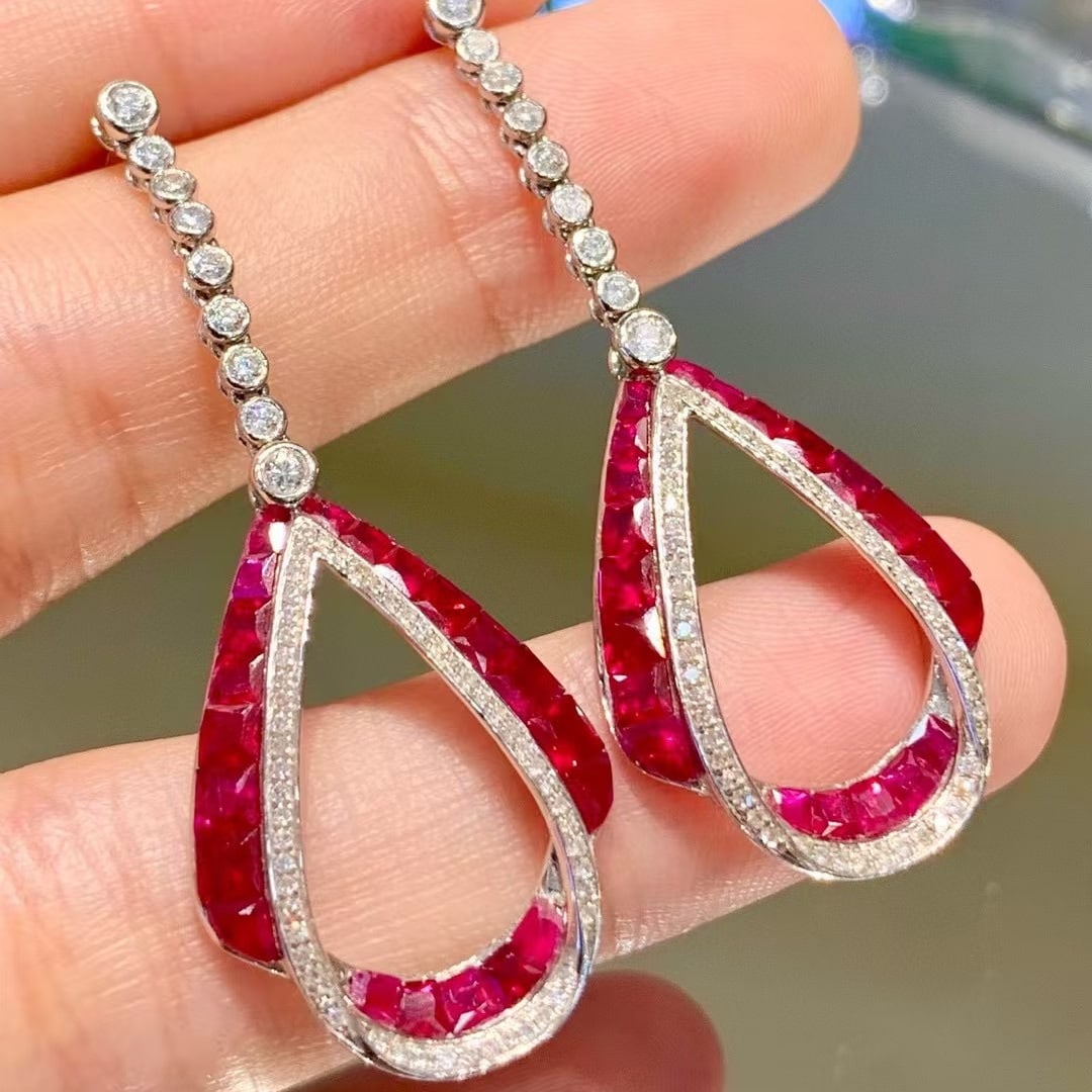 14k Gold 3 Ct Natural Ruby & Diamond Earrings - 2