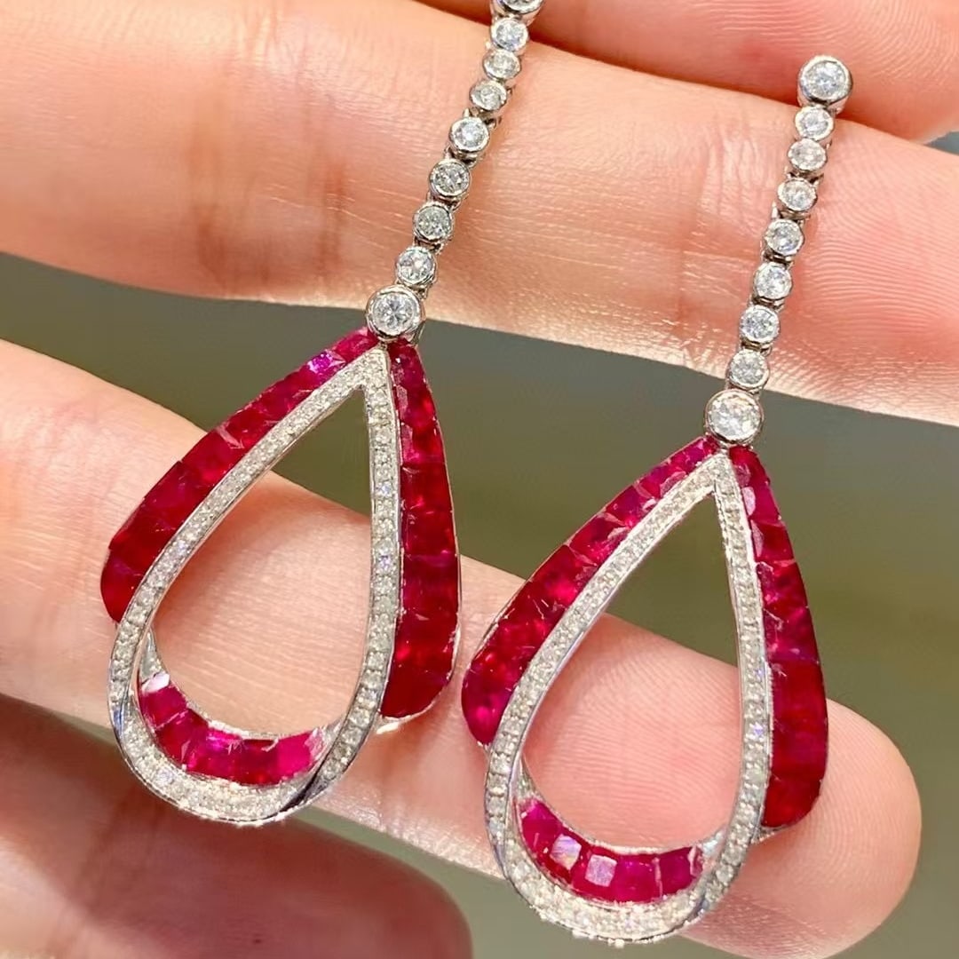 14k Gold 3 Ct Natural Ruby & Diamond Earrings - 3
