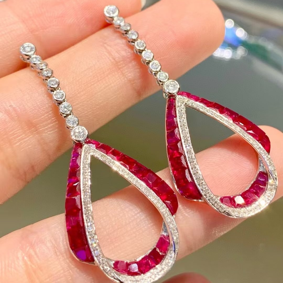 14k Gold 3 Ct Natural Ruby & Diamond Earrings - 4