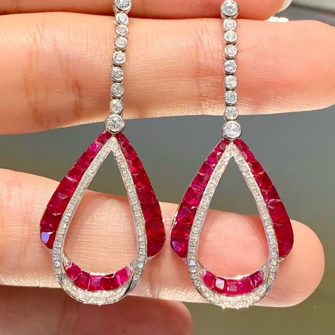 14k Gold 3 Ct Natural Ruby & Diamond Earrings - 5