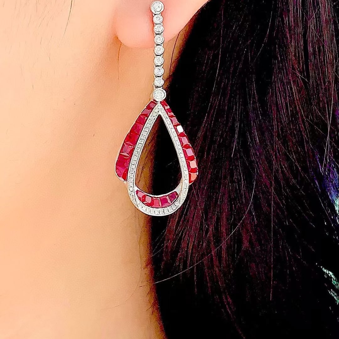 14k Gold 3 Ct Natural Ruby & Diamond Earrings - 6