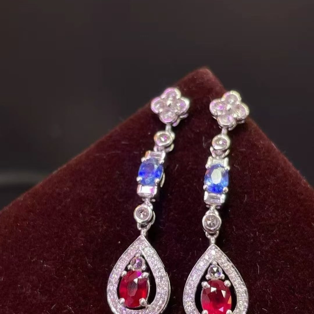 14k Gold 1.24 Ct Natural Ruby & Sapphire & Diamond & Sapphire Earrings - 2