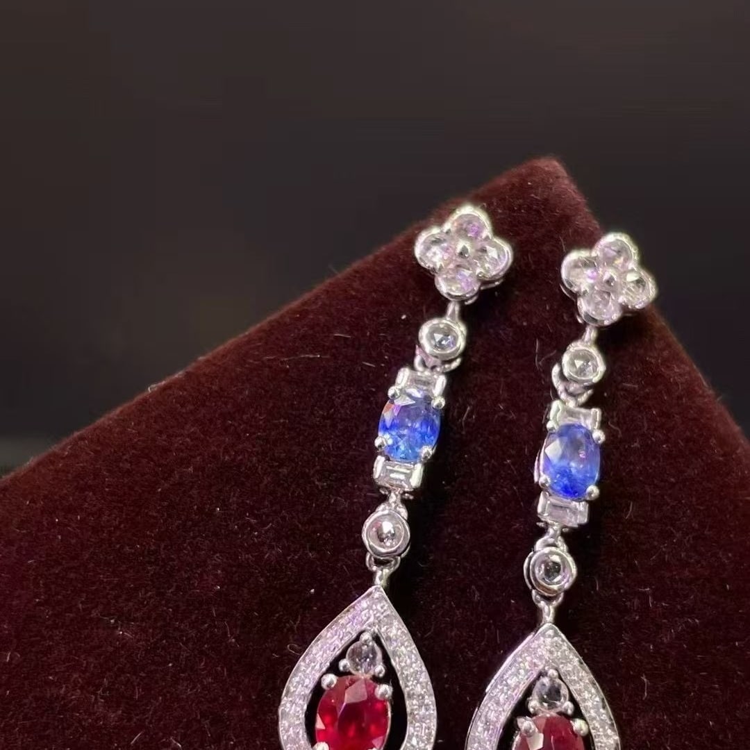 14k Gold 1.24 Ct Natural Ruby & Sapphire & Diamond & Sapphire Earrings - 3