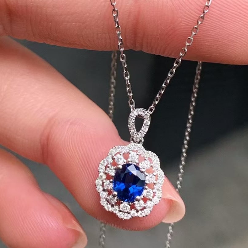 14k Gold 0.82 Ctw Natural Sapphire & Diamond Pendant( Without Chain ) - 2