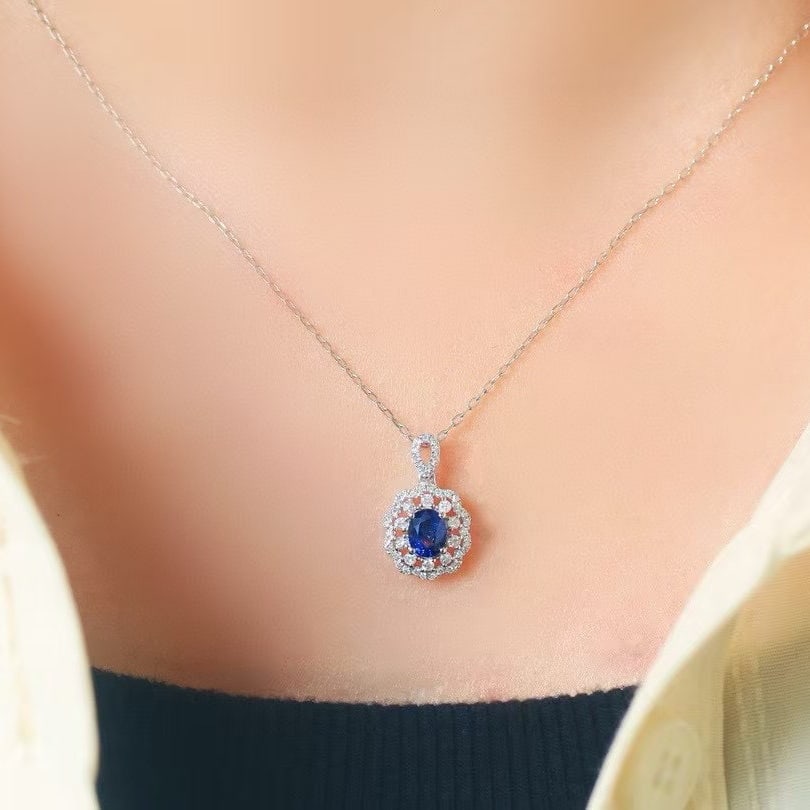 14k Gold 0.82 Ctw Natural Sapphire & Diamond Pendant( Without Chain ) - 3