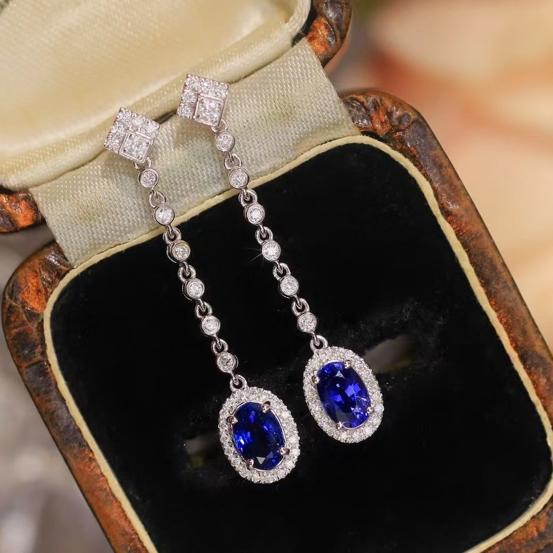 14k Gold 1.53 Ctw Natural Sapphire & Diamond Earrings - 2