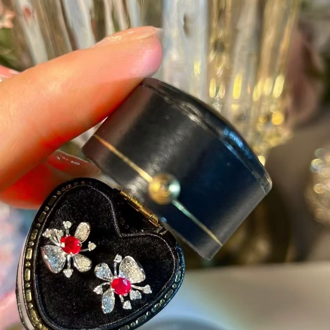 14k Gold 0.4 Ct Vivid Red Natural Ruby & Diamond Earrings - 2