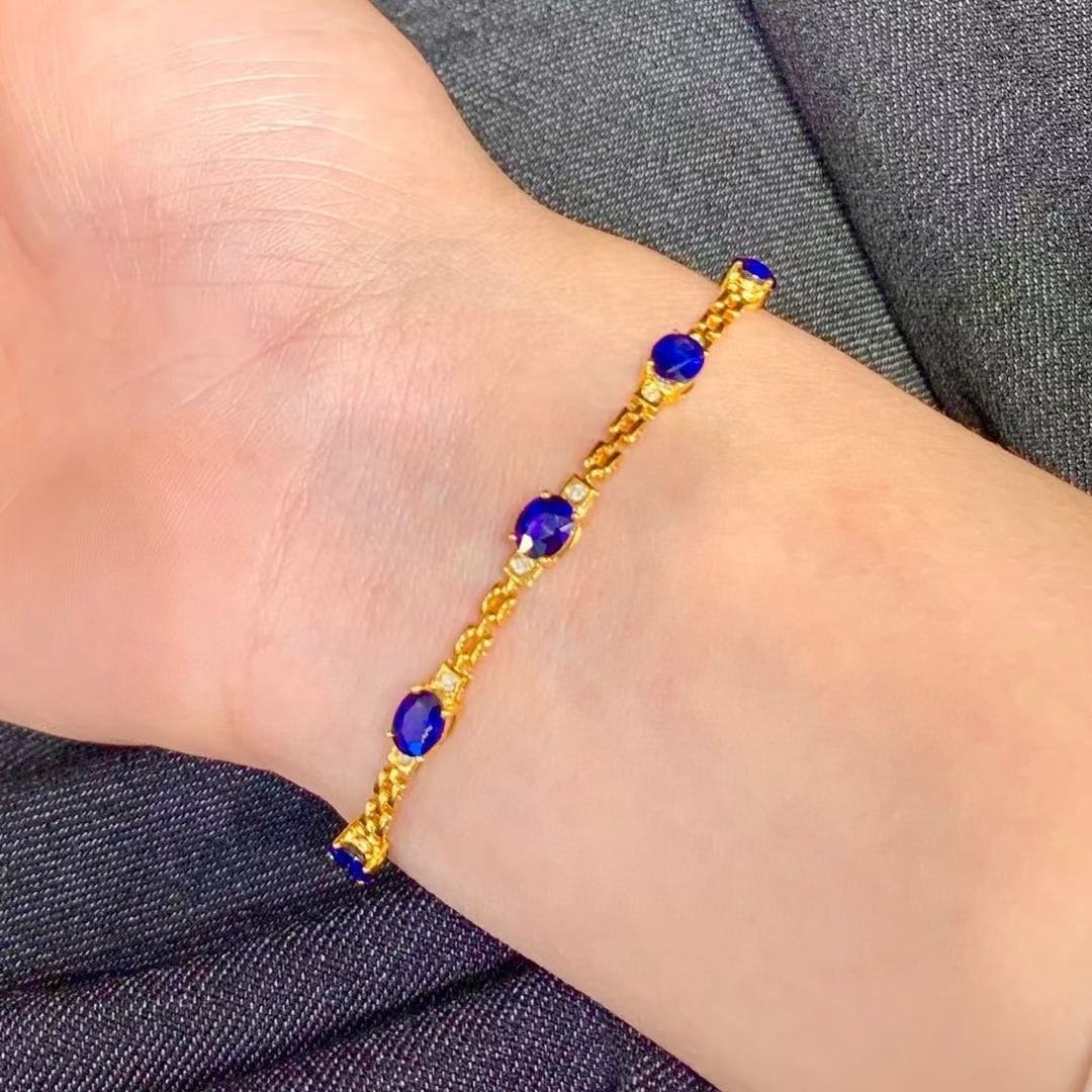 14k Gold 6 Ct Natural Sapphire & Diamond Bracelet - 2