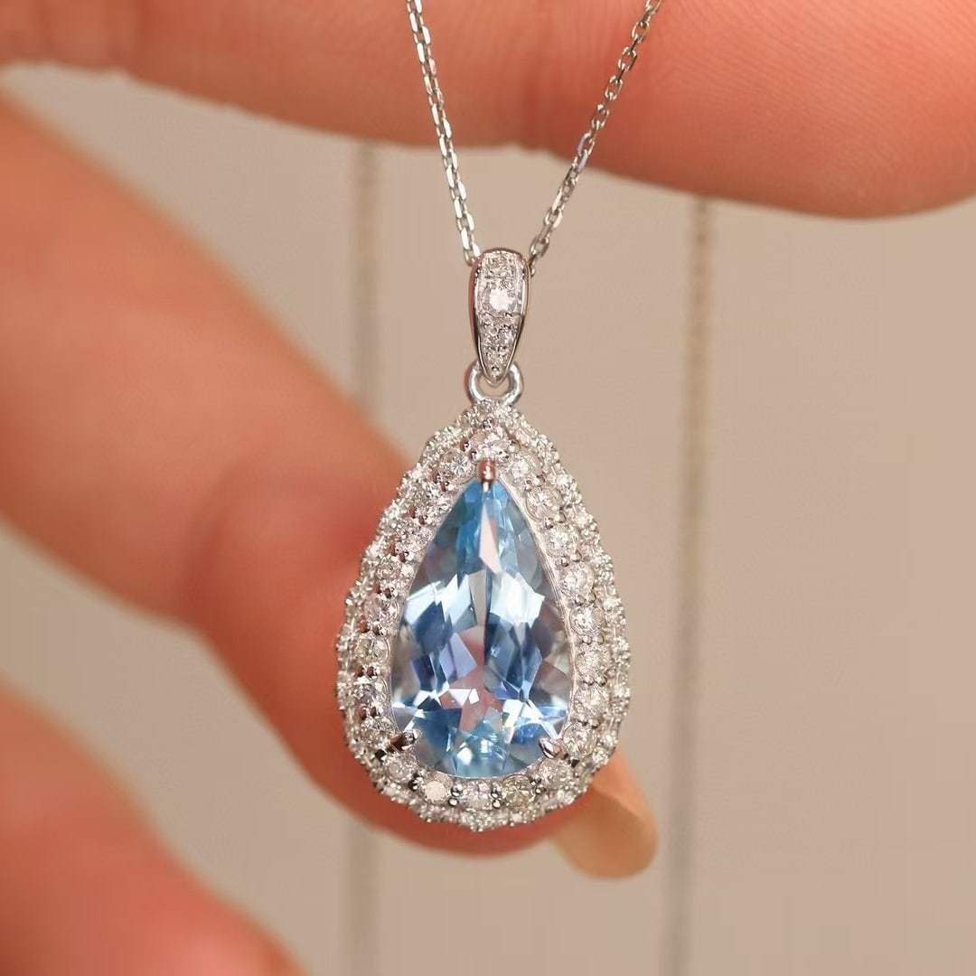 14k Gold 3.41 Ctw Natural Aquamarine & Diamond Pendant( Without Chain ) - 3