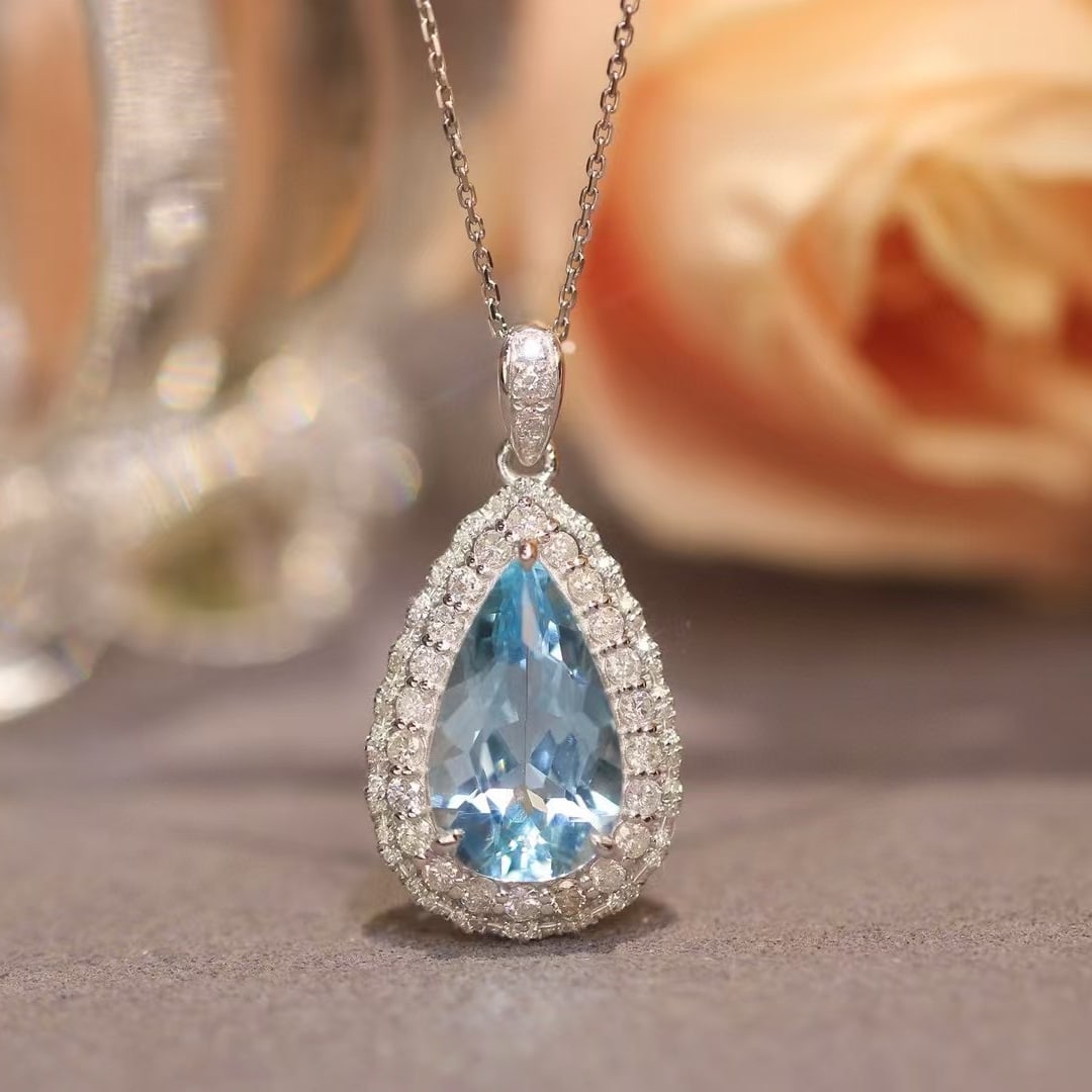 14k Gold 3.41 Ctw Natural Aquamarine & Diamond Pendant( Without Chain ) - 6