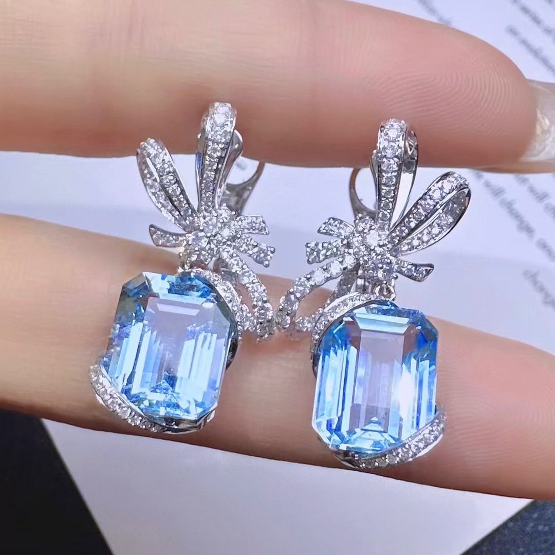 14k Gold 10.48 Ctw Natural Aquamarine & Diamond Earrings - 2