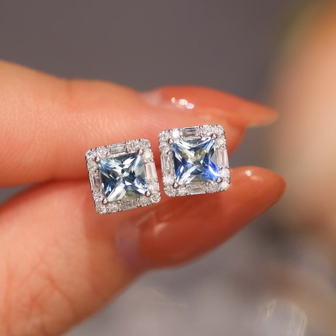 14k Gold 1.45 Ctw Natural Aquamarine & Diamond Earrings - 3