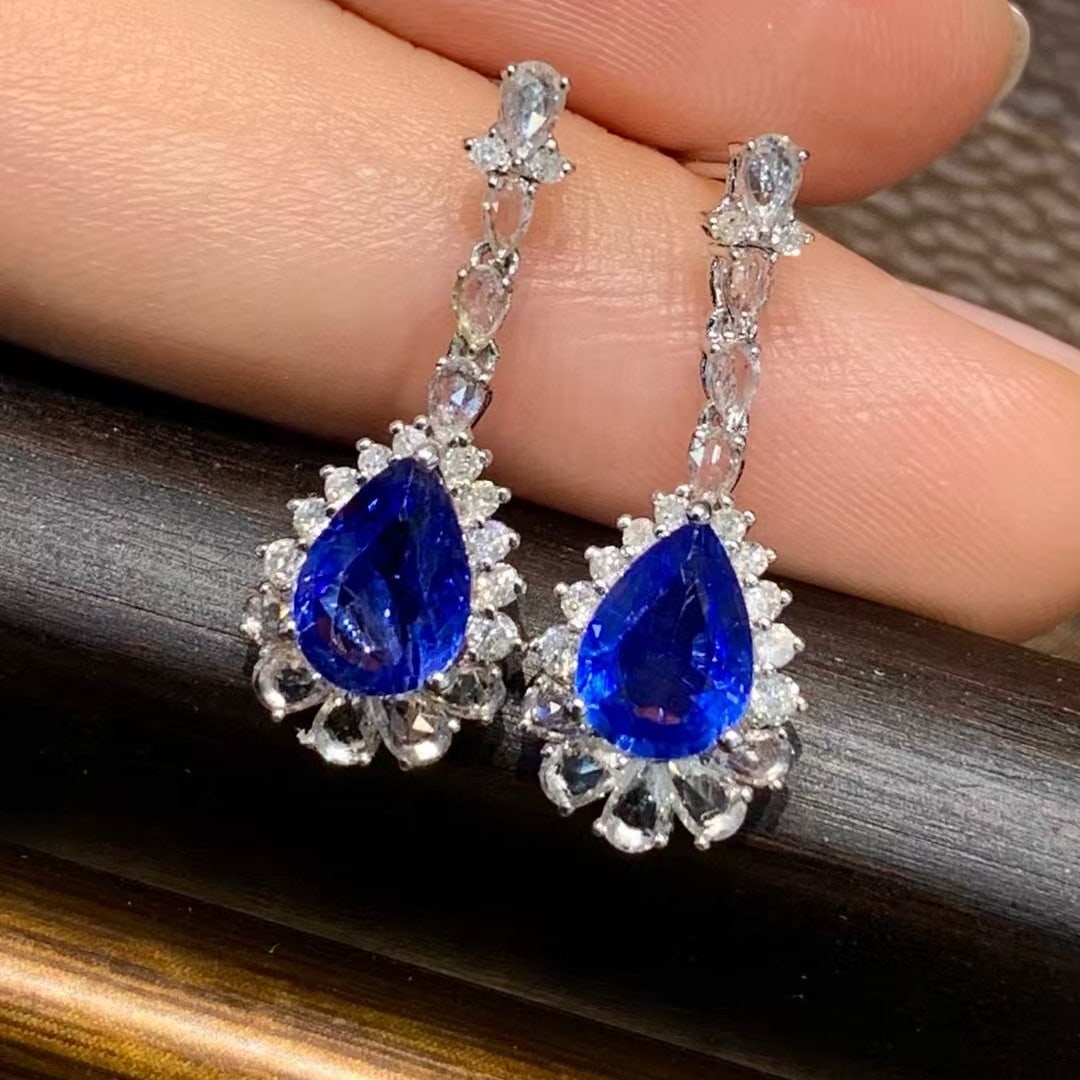14k Gold 1.6 Ct Natural Sapphire & Diamond & Sapphire Earrings - 2