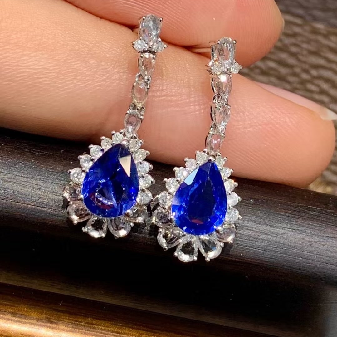 14k Gold 1.6 Ct Natural Sapphire & Diamond & Sapphire Earrings - 3