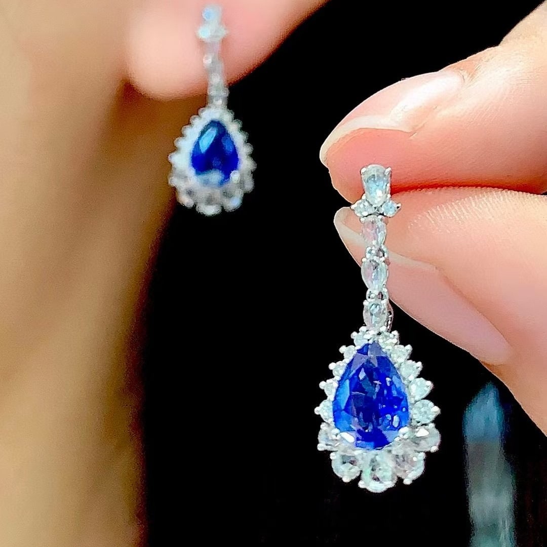 14k Gold 1.6 Ct Natural Sapphire & Diamond & Sapphire Earrings - 4