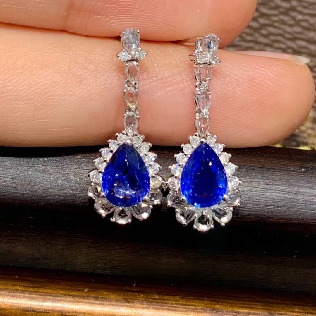 14k Gold 1.6 Ct Natural Sapphire & Diamond & Sapphire Earrings - 5