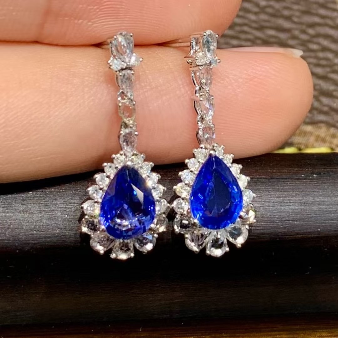 14k Gold 1.6 Ct Natural Sapphire & Diamond & Sapphire Earrings - 6