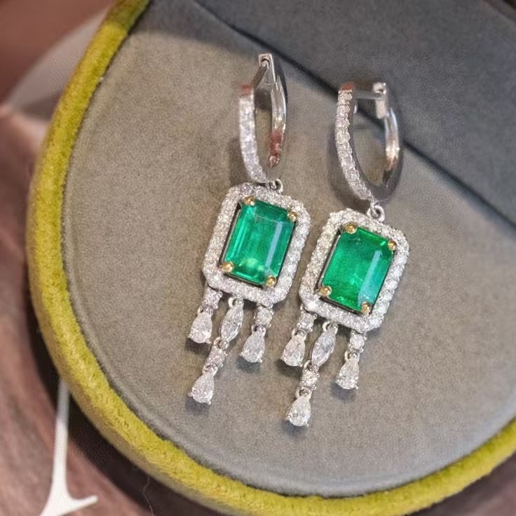 14k Gold 2.61 Ctw Vivid Green Natural Emerald & Diamond Earrings - 4