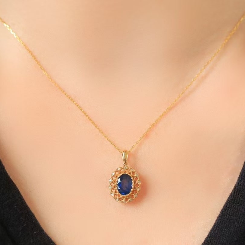 14k Gold 1.35 Ctw Natural Sapphire & Diamond Pendant( Without Chain ) - 4