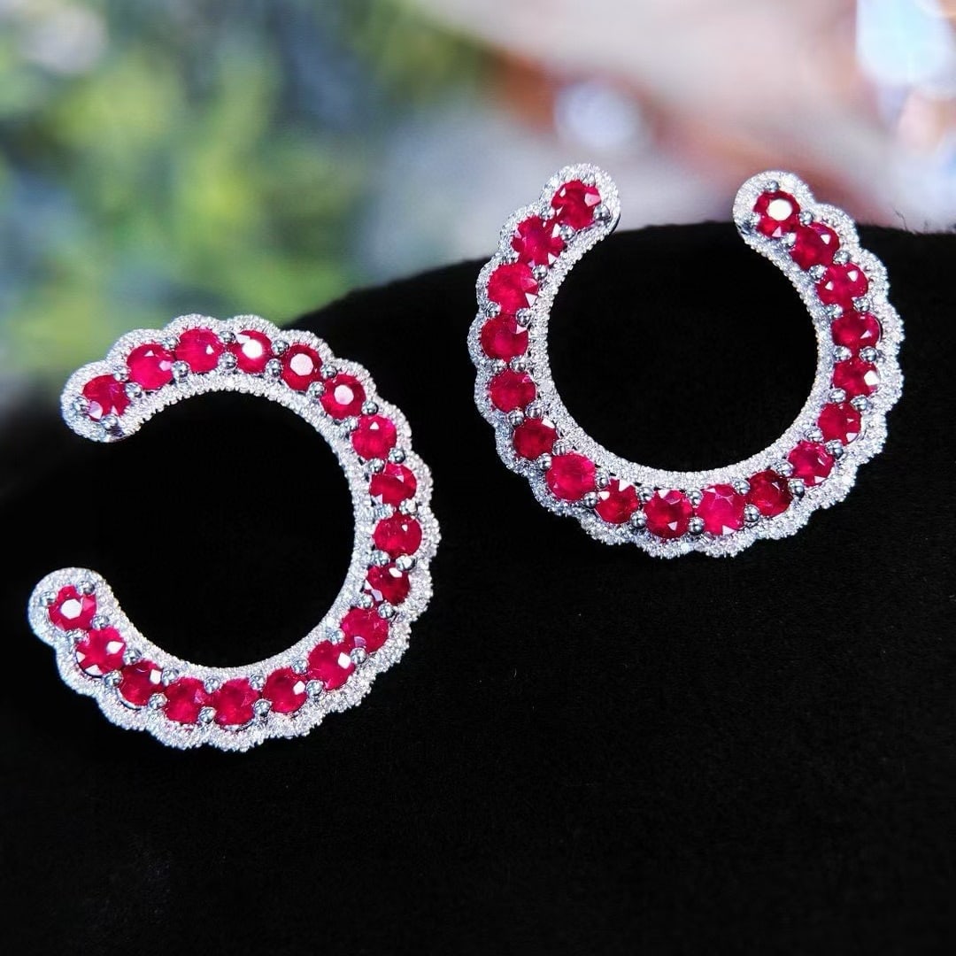 14k Gold 2.5 Ct Vivid Red Natural Ruby & Diamond Earrings - 3