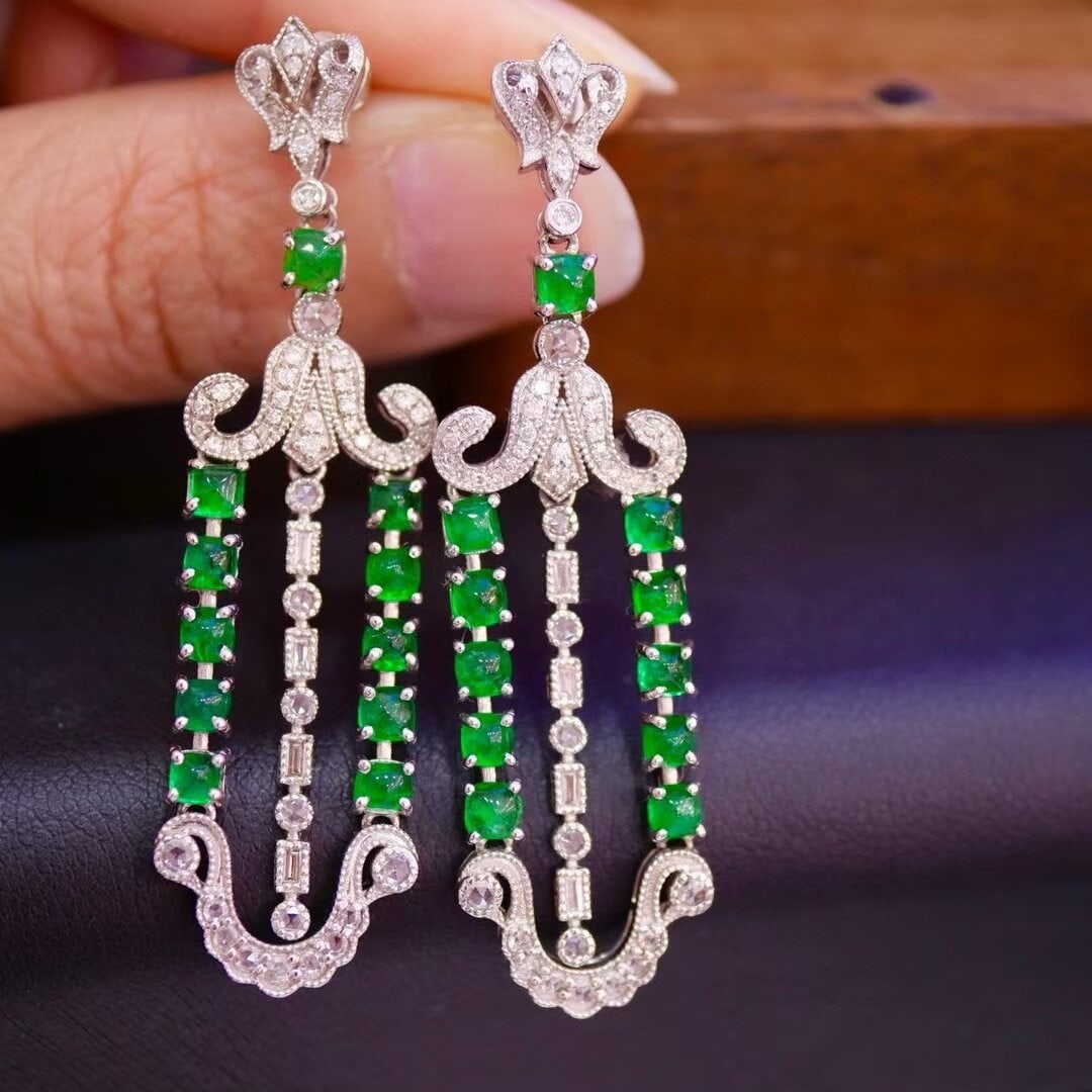 14k Gold 3.83 Ctw Vivid Green Natural Emerald & Diamond Earrings - 2