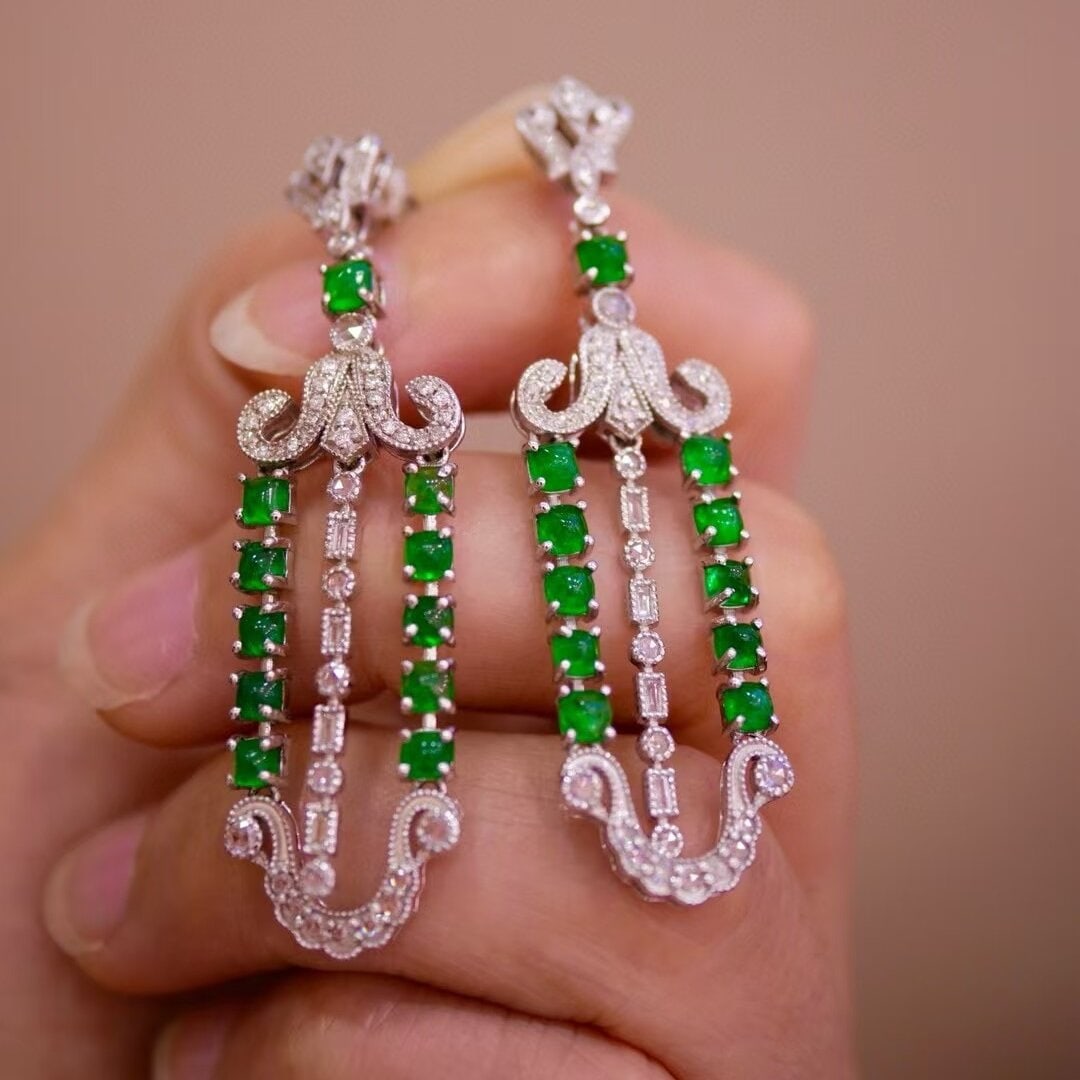 14k Gold 3.83 Ctw Vivid Green Natural Emerald & Diamond Earrings - 3