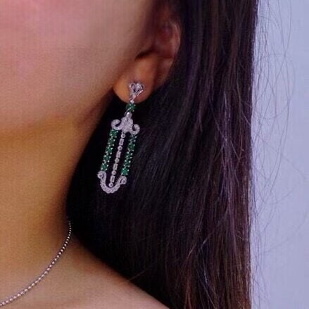 14k Gold 3.83 Ctw Vivid Green Natural Emerald & Diamond Earrings - 4