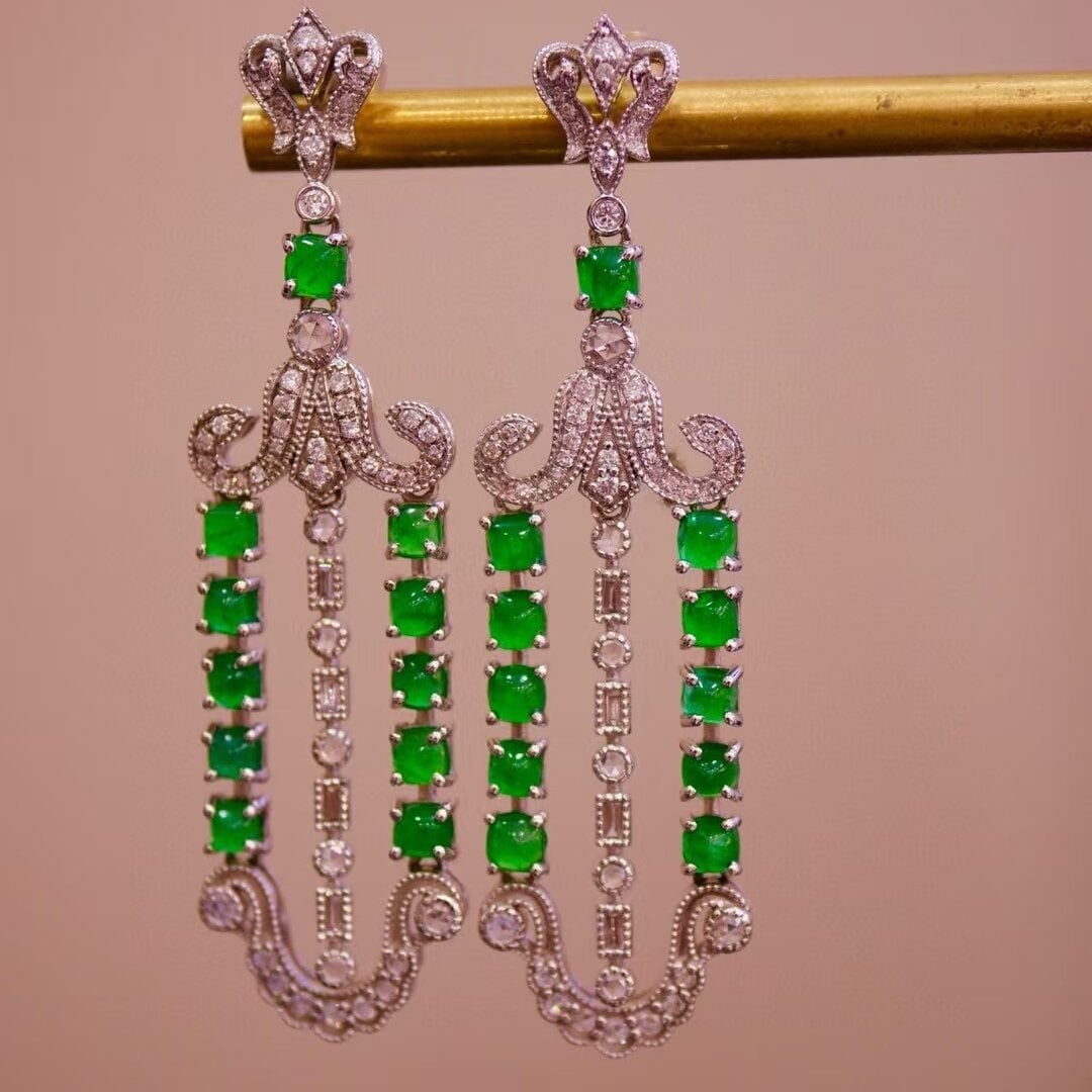 14k Gold 3.83 Ctw Vivid Green Natural Emerald & Diamond Earrings - 5