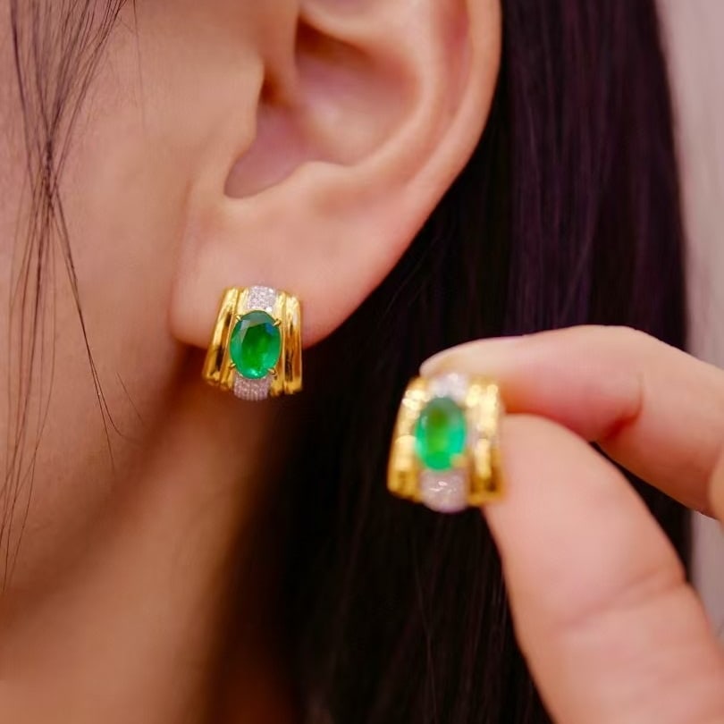 14k Gold 2.41 Ctw Vivid Green Natural Emerald & Diamond Earrings - 4