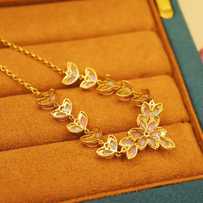 14k Gold 3.38 Ctw Natural Opal & Diamond Necklace - 2