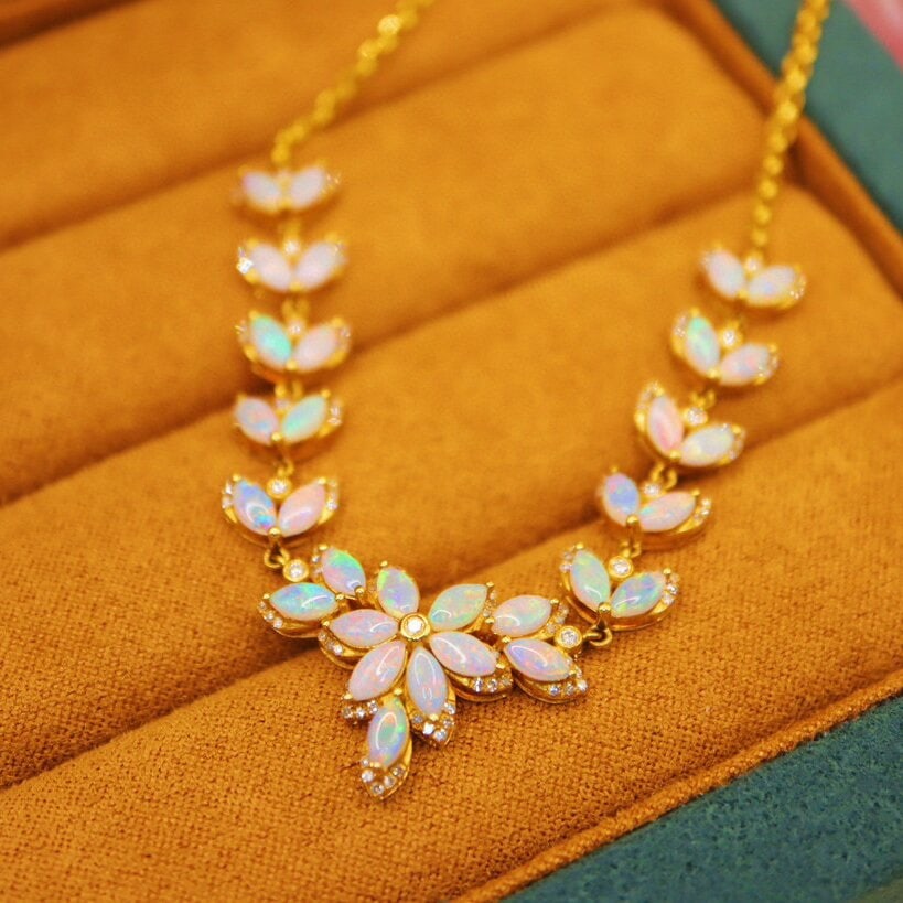 14k Gold 3.38 Ctw Natural Opal & Diamond Necklace - 6