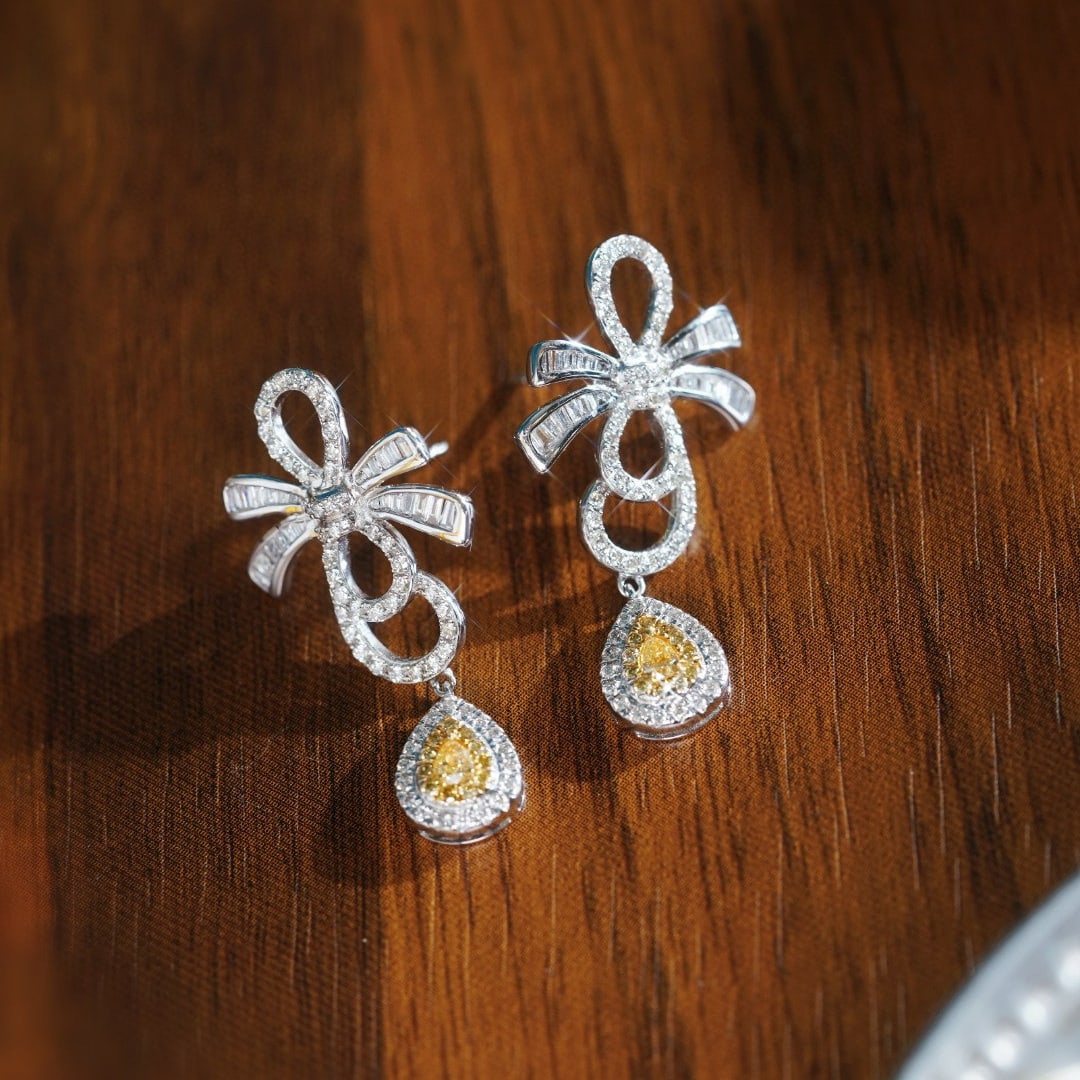 14k Gold 1.10 Ctw Natural Yellow Diamond & Diamond Earrings - 4