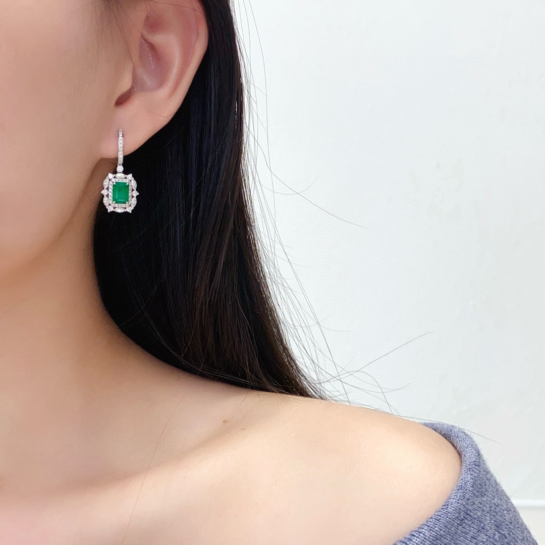 14k Gold 3.07 Ctw Vivid Green Natural Emerald & Diamond Earrings - 3